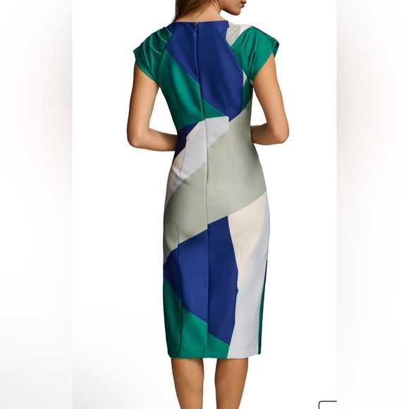 Donna Karan Blue, Green & Cream Geometric Sheath Midi Dress - Picture 2 of 7